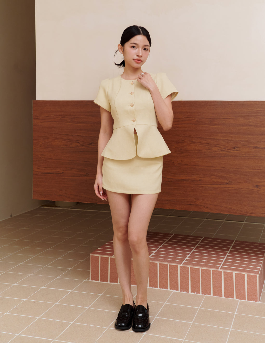 Amara Tweed Peplum Top in Butter Yellow