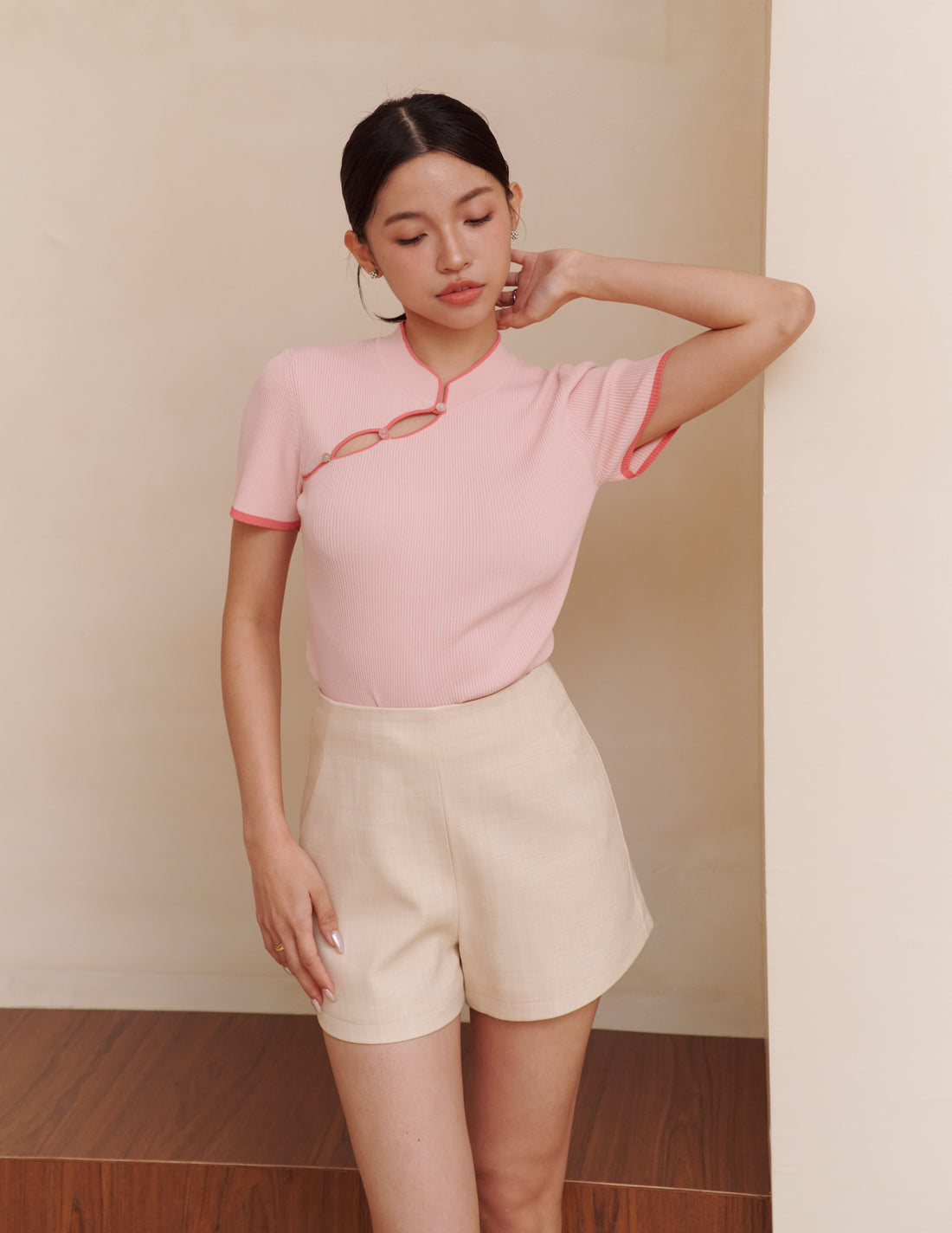 Nara Cheongsam Knit Top in Pink