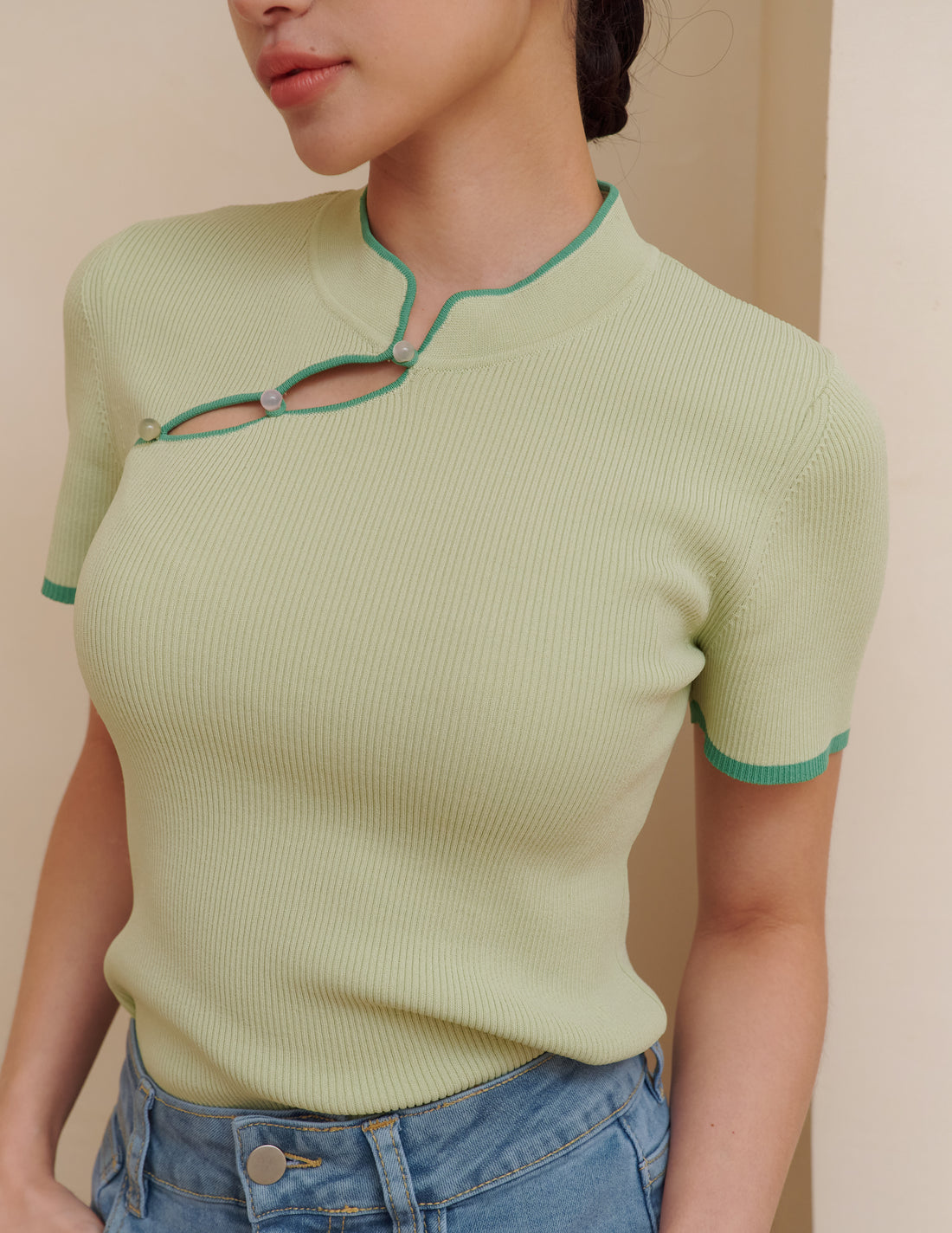 Nara Cheongsam Knit Top in Green