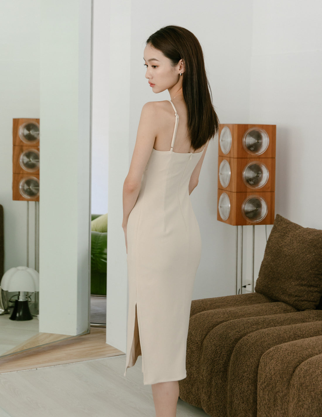 Carol Padded Midi Dress in Beige