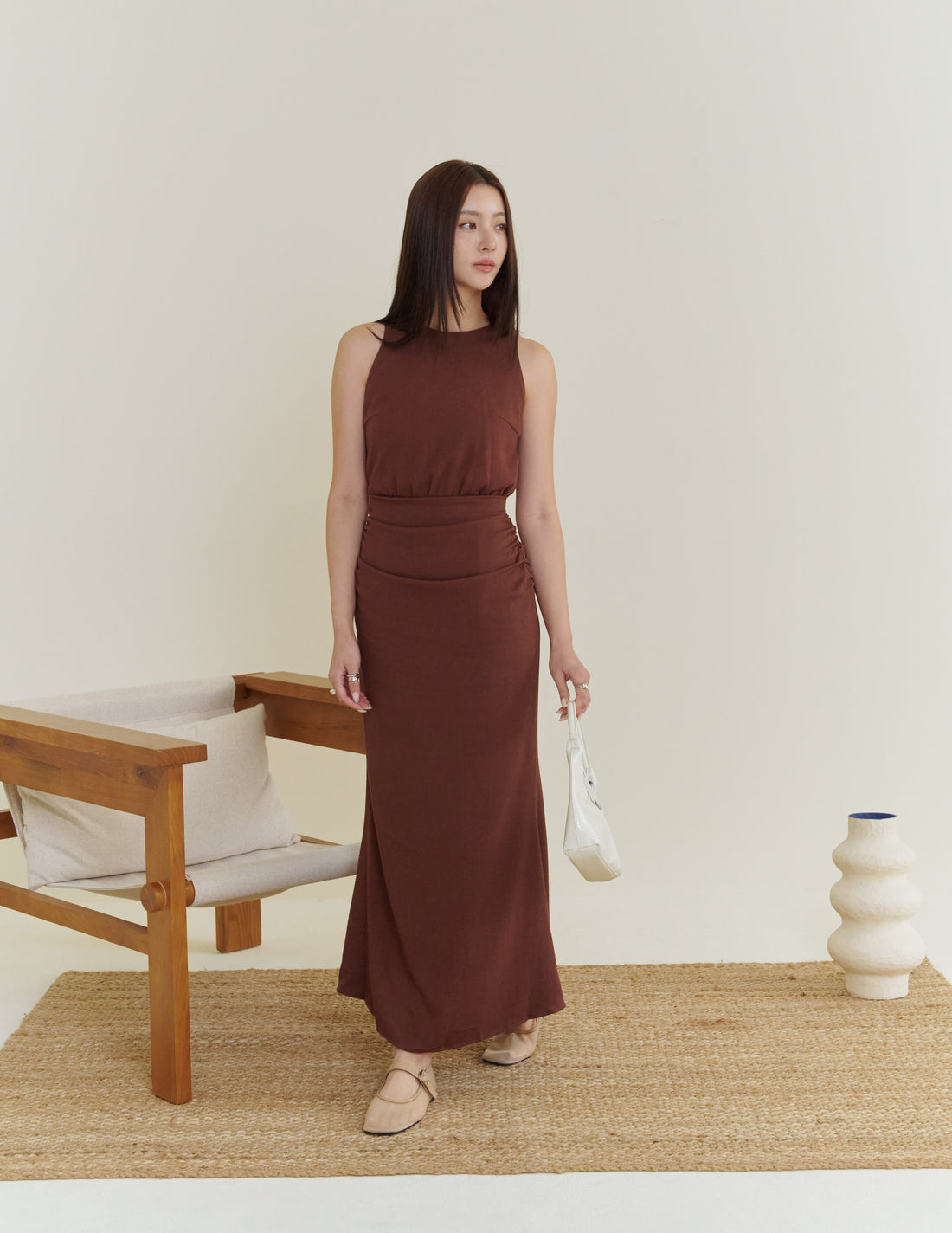 Cameron Ruched Dress in Brown