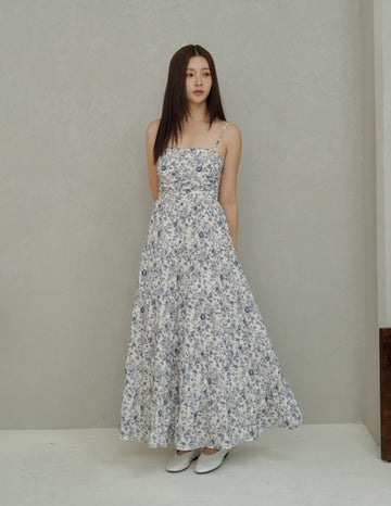 Lyndsey Padded Maxi Dress in Blue Floral