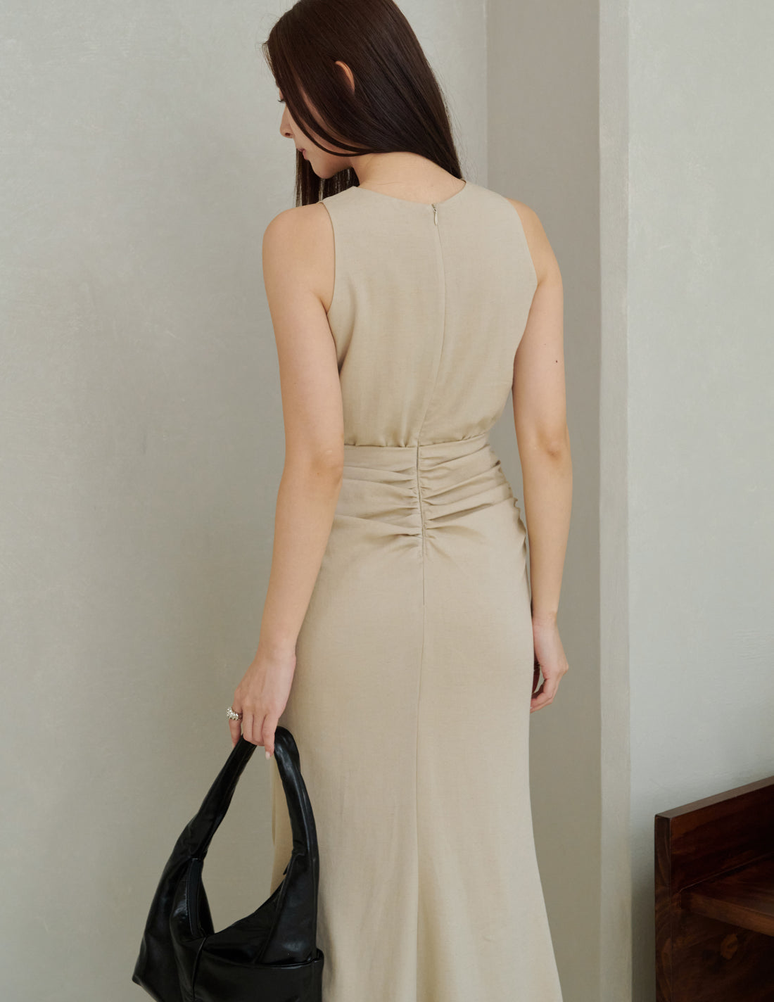 Cameron Ruched Dress in Beige