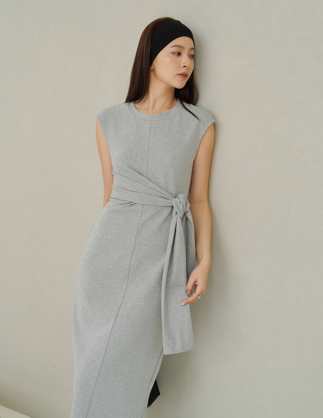 Kathy Tie Waist Midi Dress in Grey