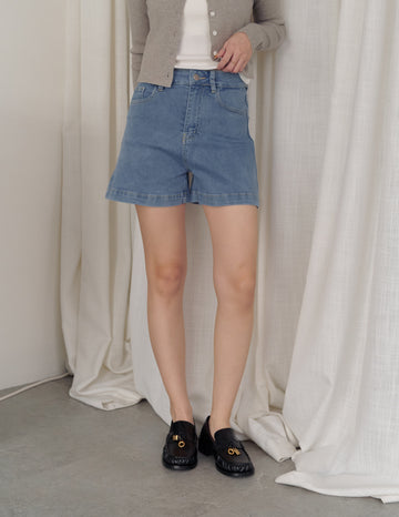 Emma Stretchy High Waisted Denim Shorts in Mid Wash