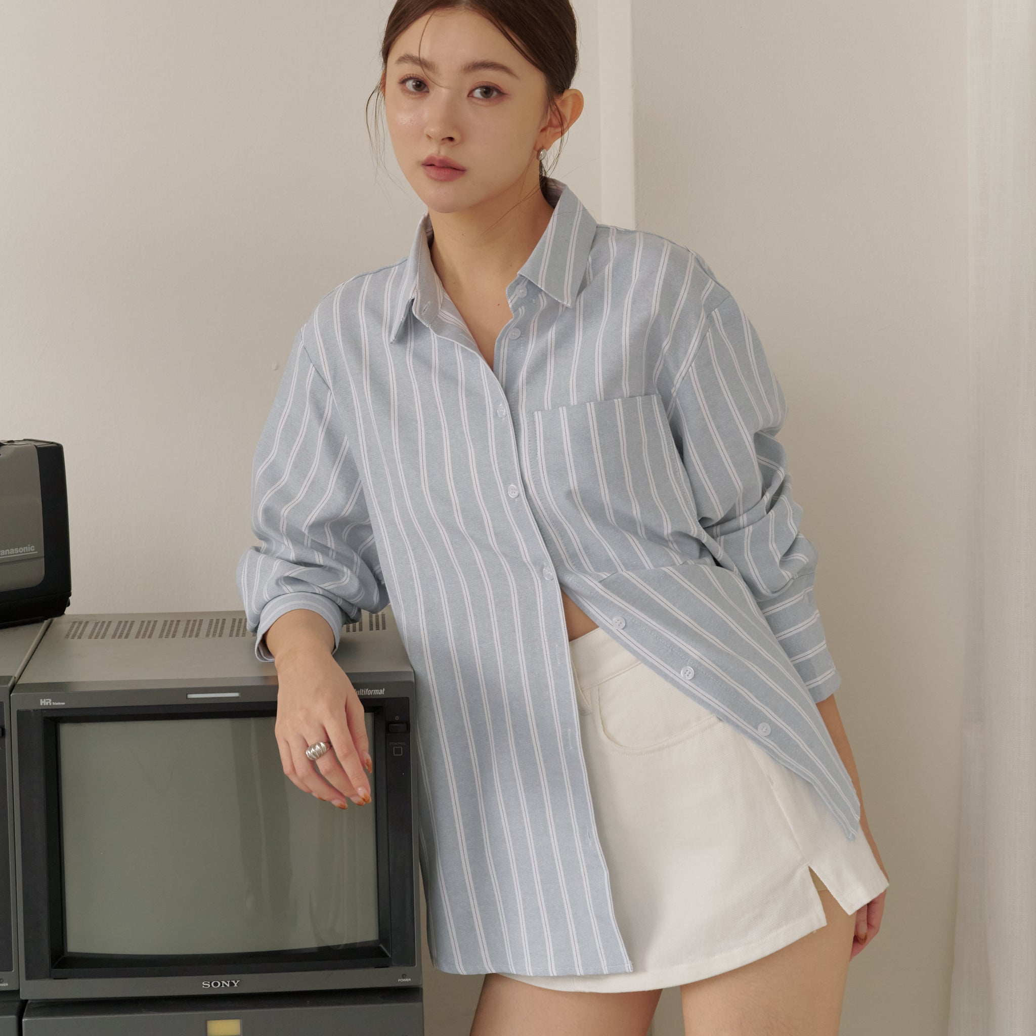Nikki Pinstripe Oversized Shirt in Grey Blue