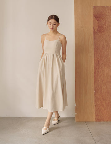 Devina Padded Midi Dress in Beige