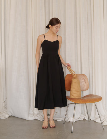 Devina Padded Midi Dress in Black