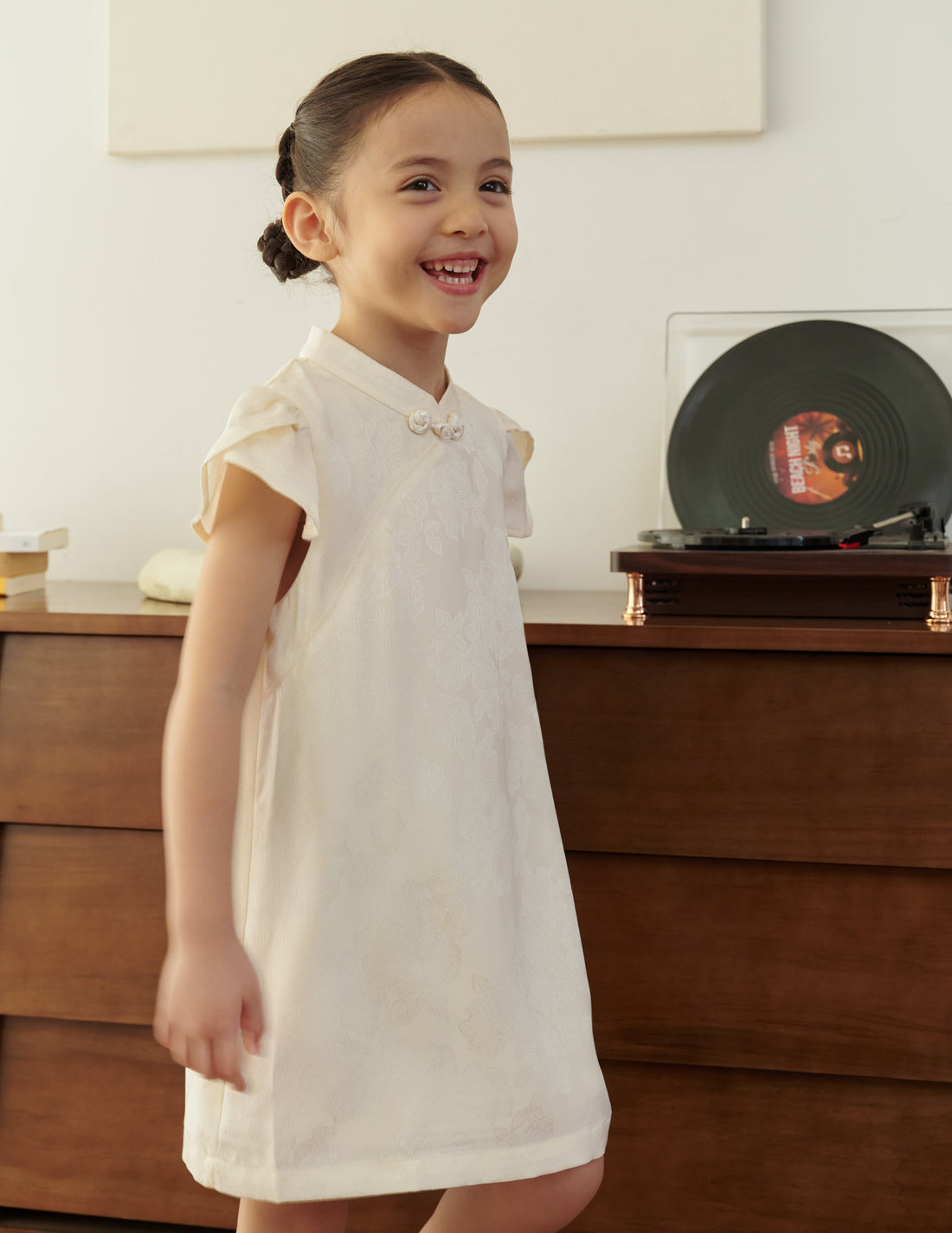 Lara Jacquard Cheongsam Girl's Dress in Ivory