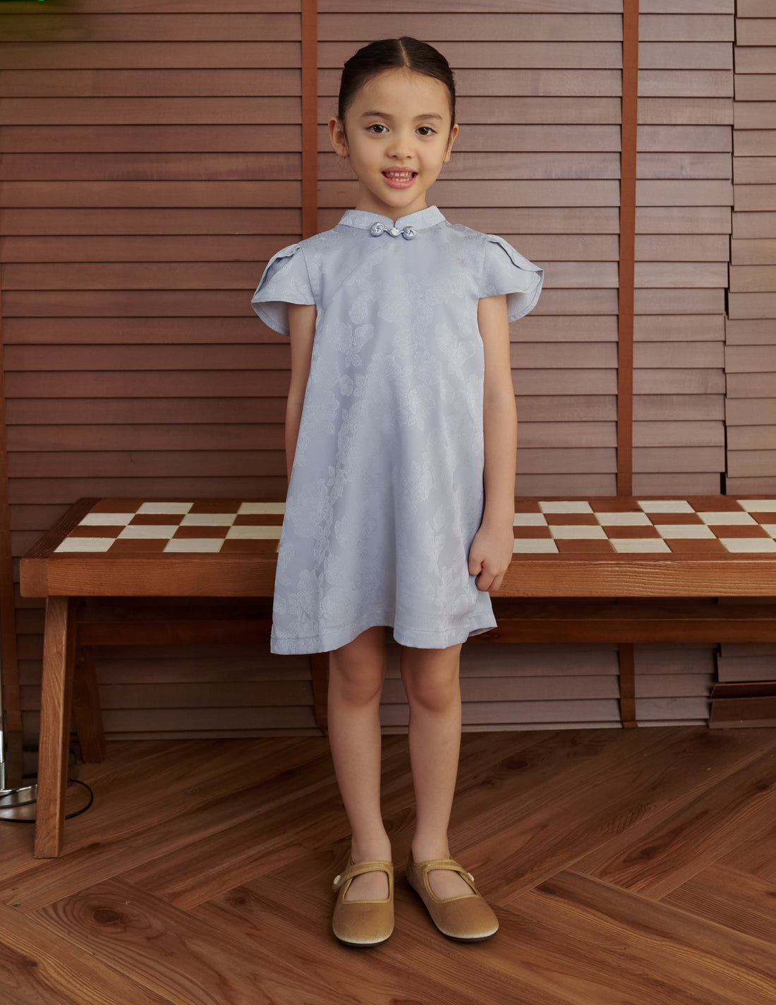 Lara Jacquard Cheongsam Girl's Dress in Blue