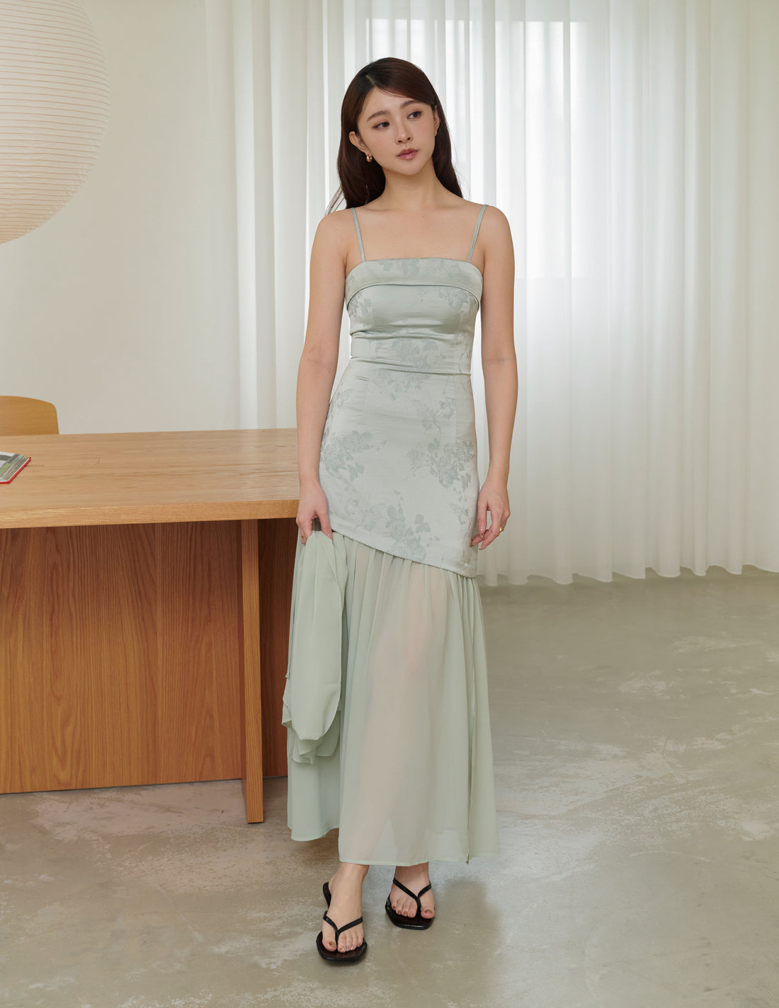 Belle Jacquard Scarf Padded Dress in Sage