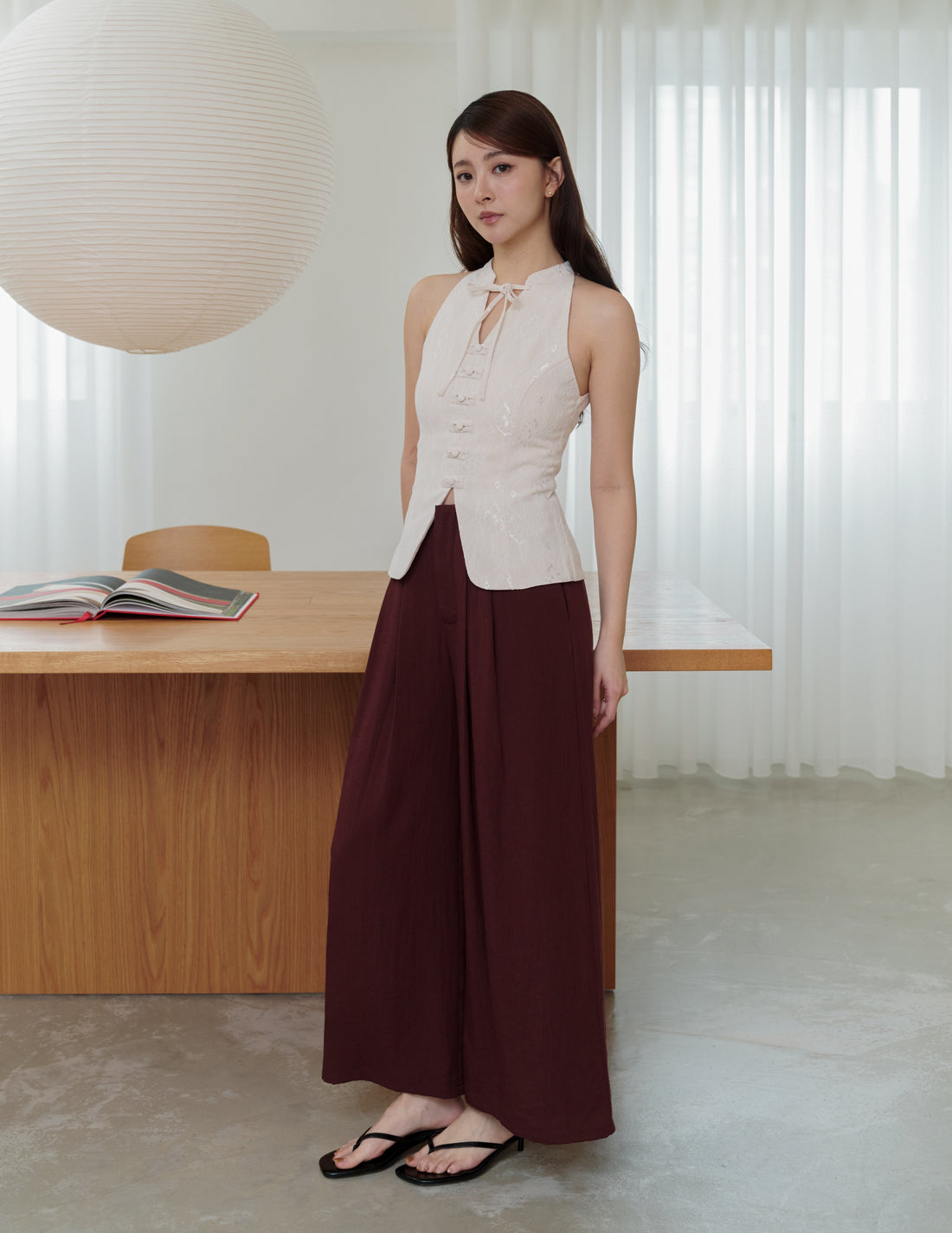 Mavis Wide-Leg Linen Pants in Deep Maroon