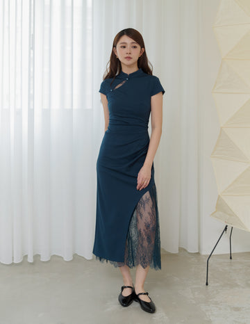 Susan Lace Cheongsam Dress in Teal Blue