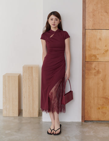 Susan Lace Cheongsam Dress in Wine Red