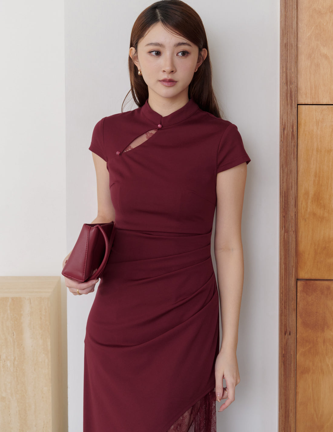 Susan Lace Cheongsam Dress in Wine Red