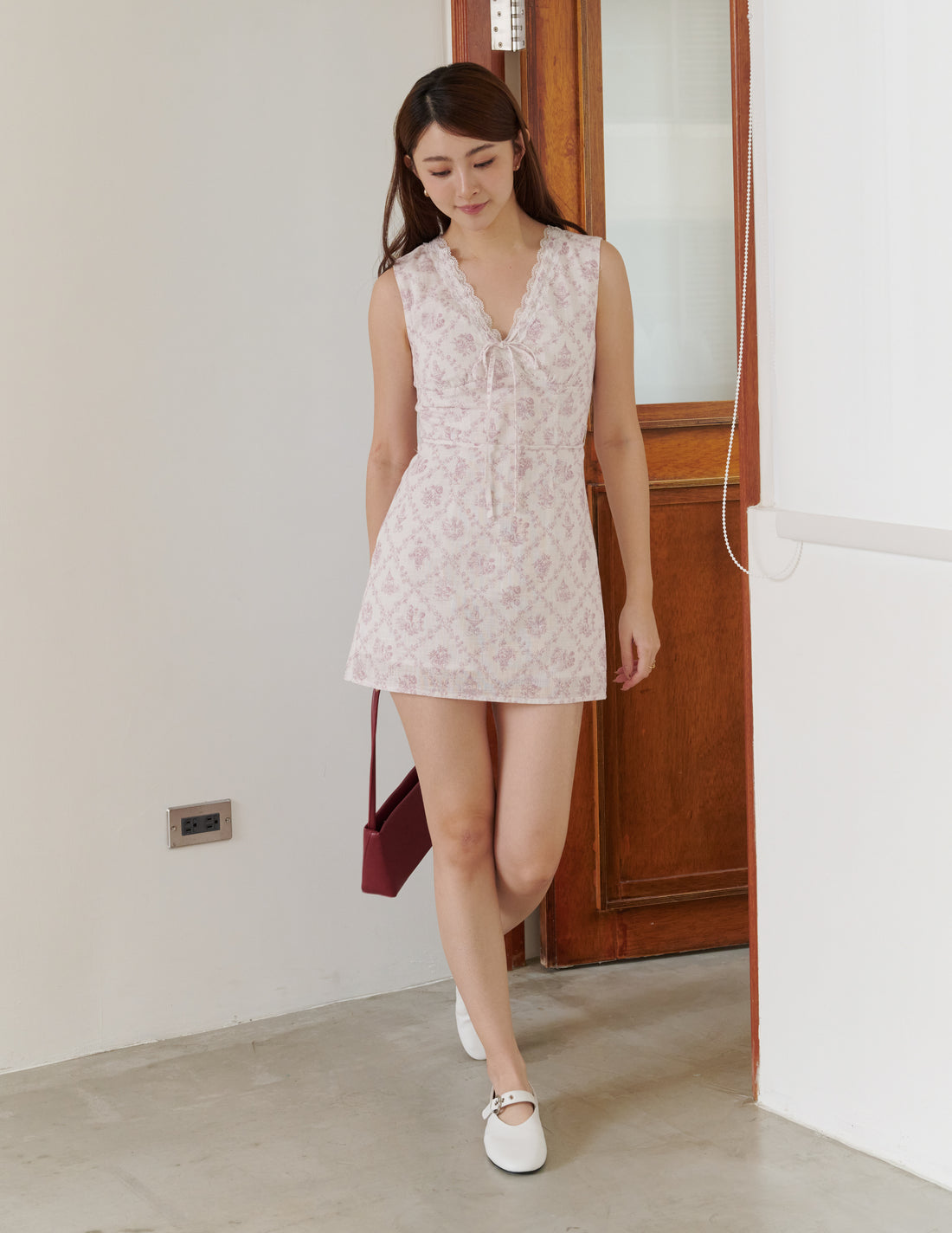 Rosette Padded Lace-Tie Romper Dress in Pink