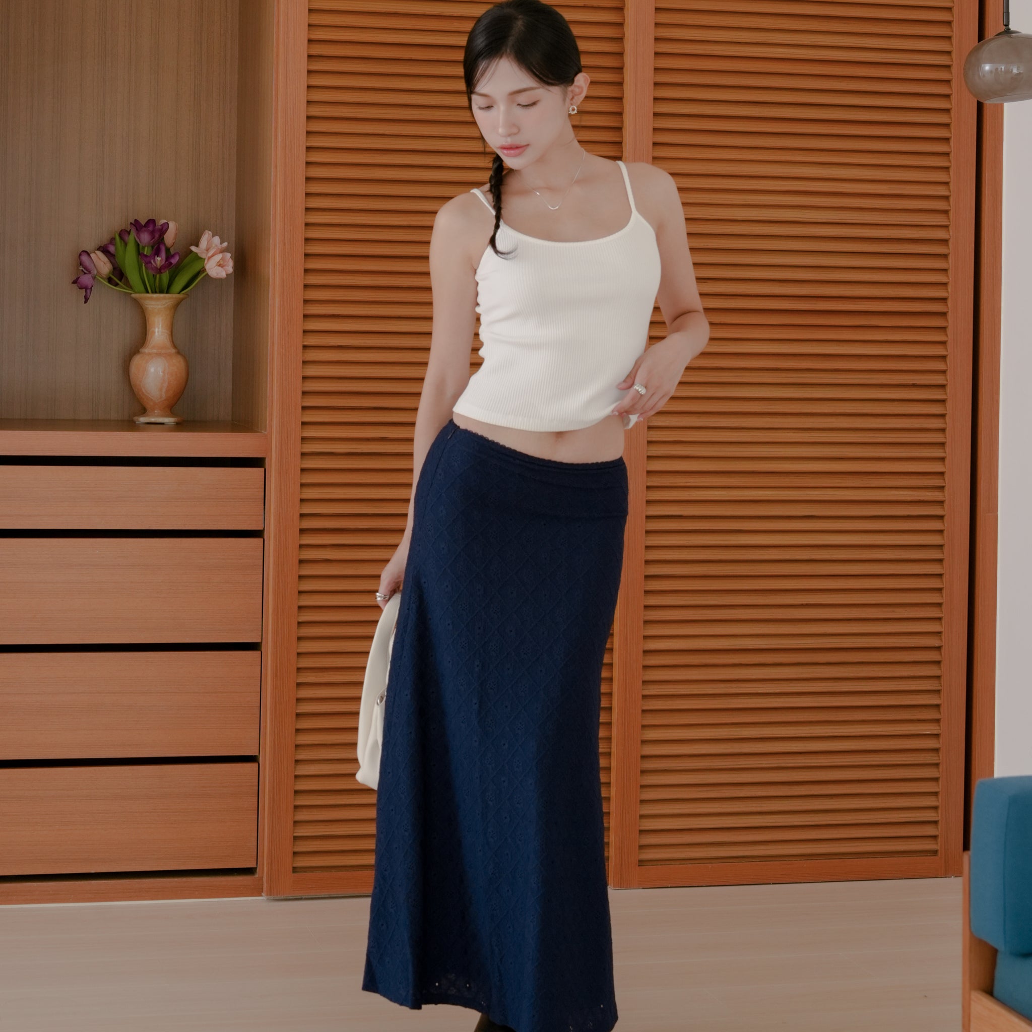 Clarisse Long Lace Skirt in Navy