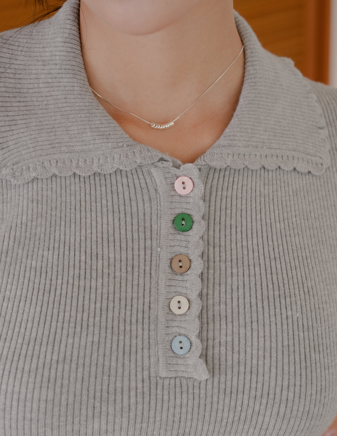 Margot Scallop Polo Top in Grey