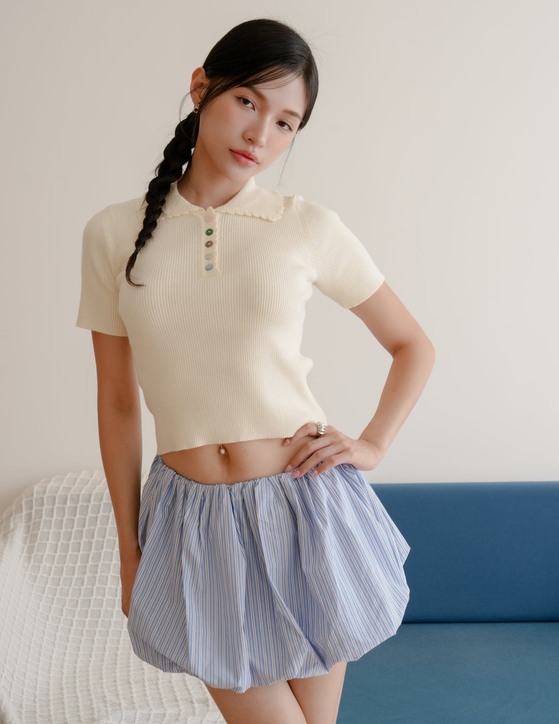 Margot Scallop Polo Top in Cream