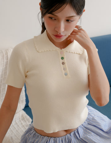 Margot Scallop Polo Top in Cream