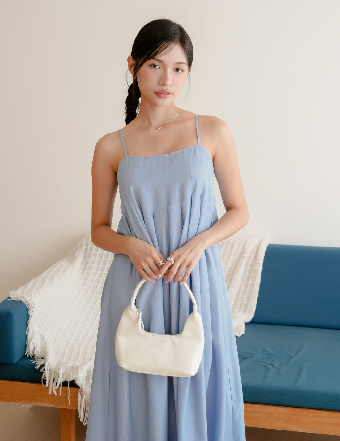 Nadia Pleated Midi Dress in Light Wash