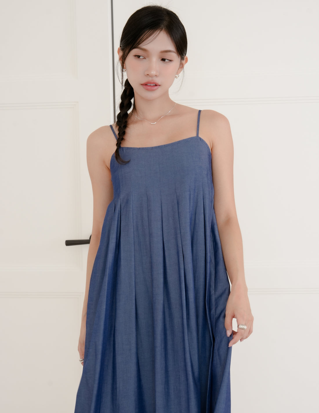 Nadia Pleated Midi Dress in Dark Wash