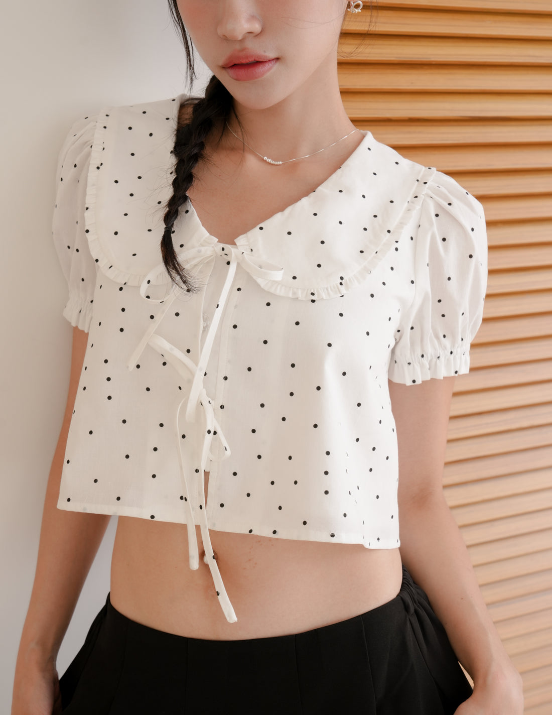 Poppy Ribbon Tie Peterpan Top in Polka Dot