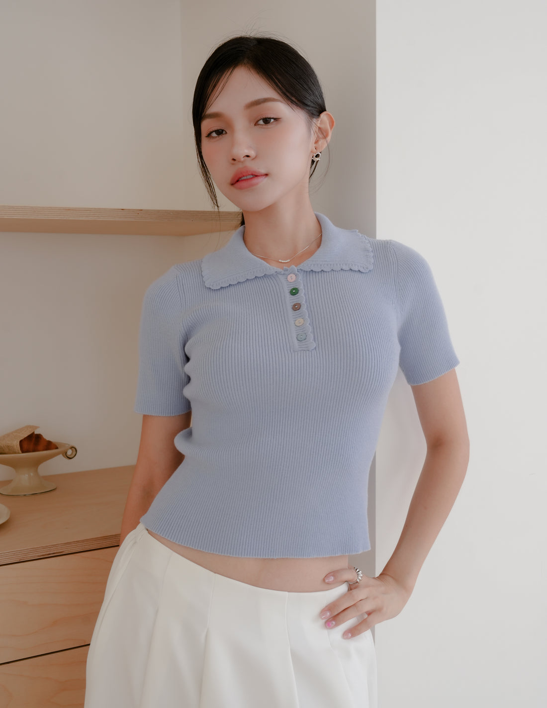 Margot Scallop Polo Top in Blue