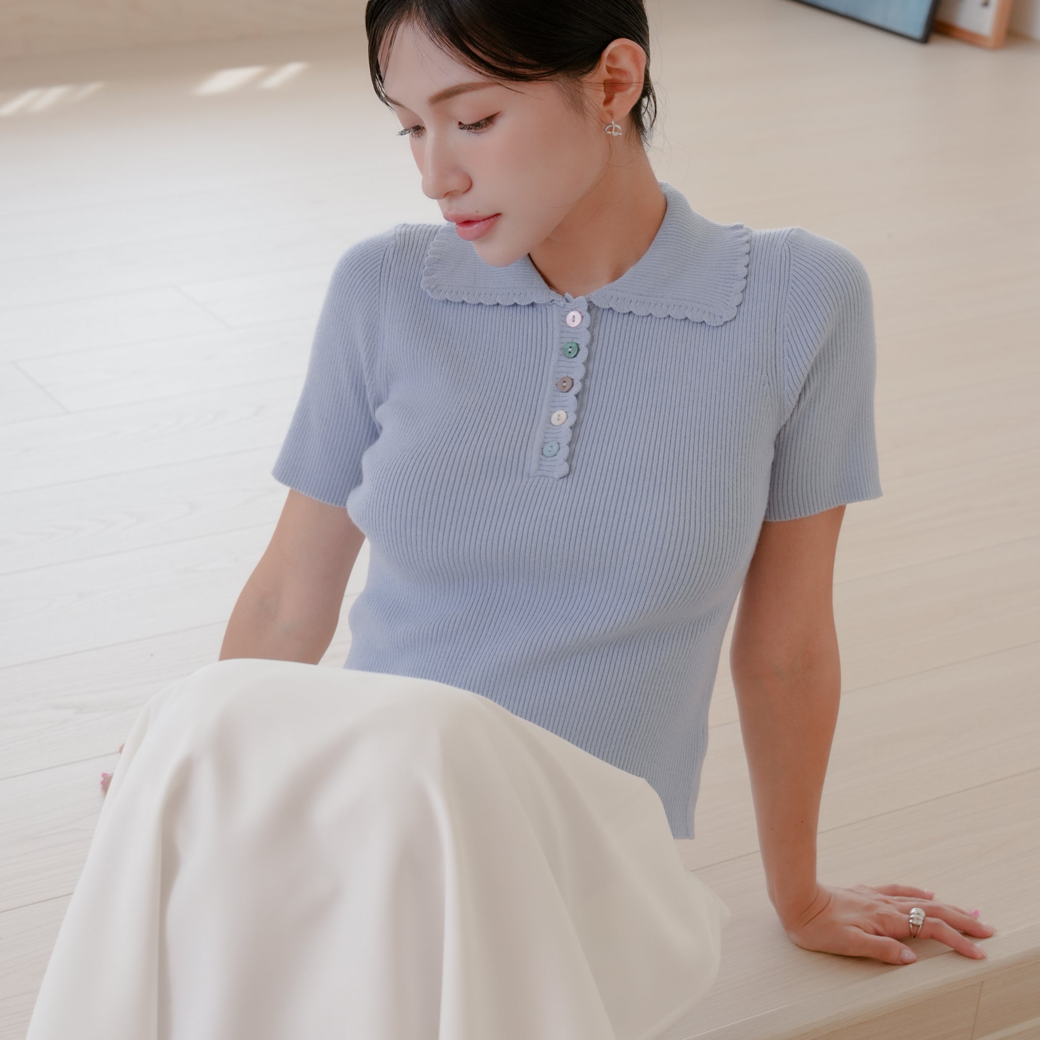 Margot Scallop Polo Top in Blue