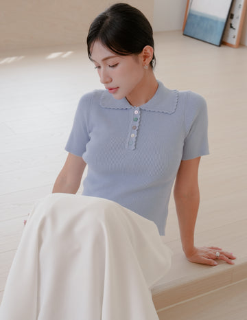 Margot Scallop Polo Top in Blue