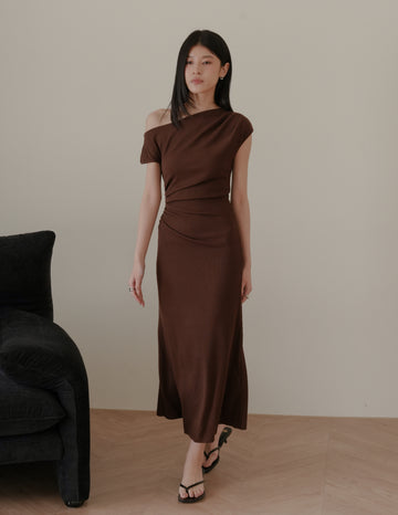 Louise Ruched Knit Dress in Brown