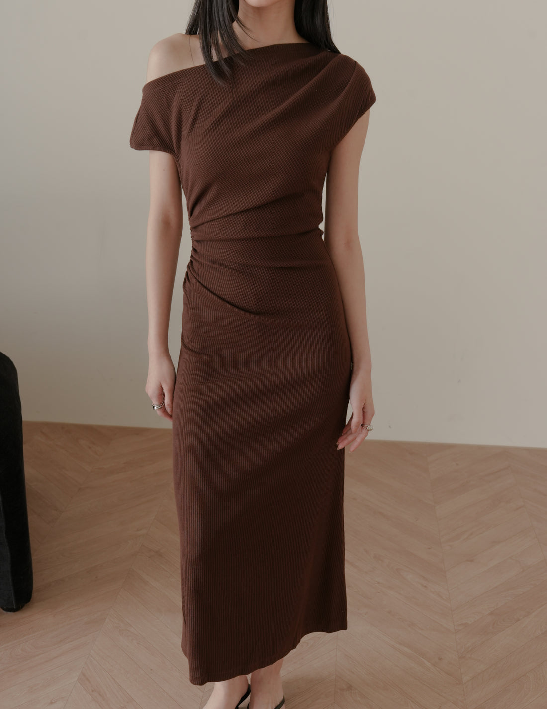 Louise Ruched Knit Dress in Brown