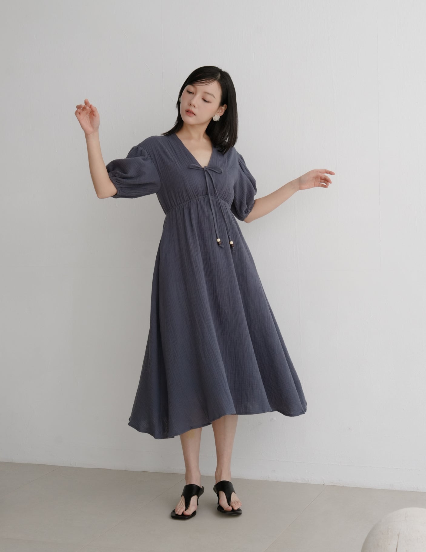 Millie Muslin Midi Dress in Ash Navy