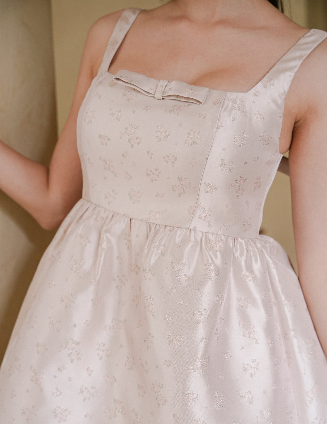 Barbara Bow Jacquard Dress in Pale Pink