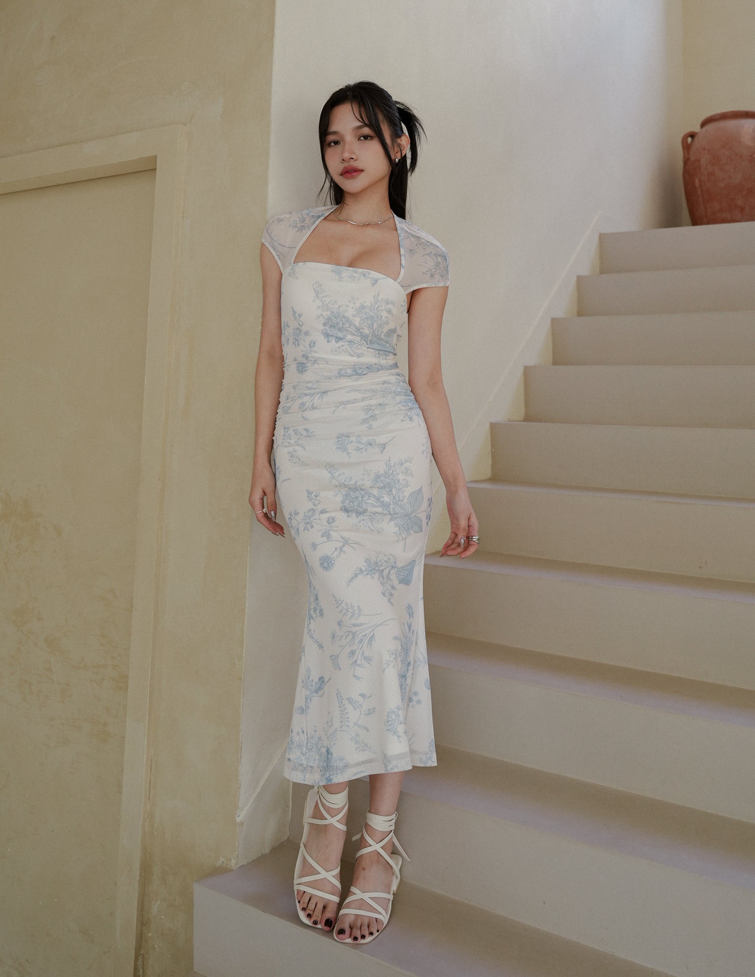 Adrianna Floral Mesh Padded Dress in Blue