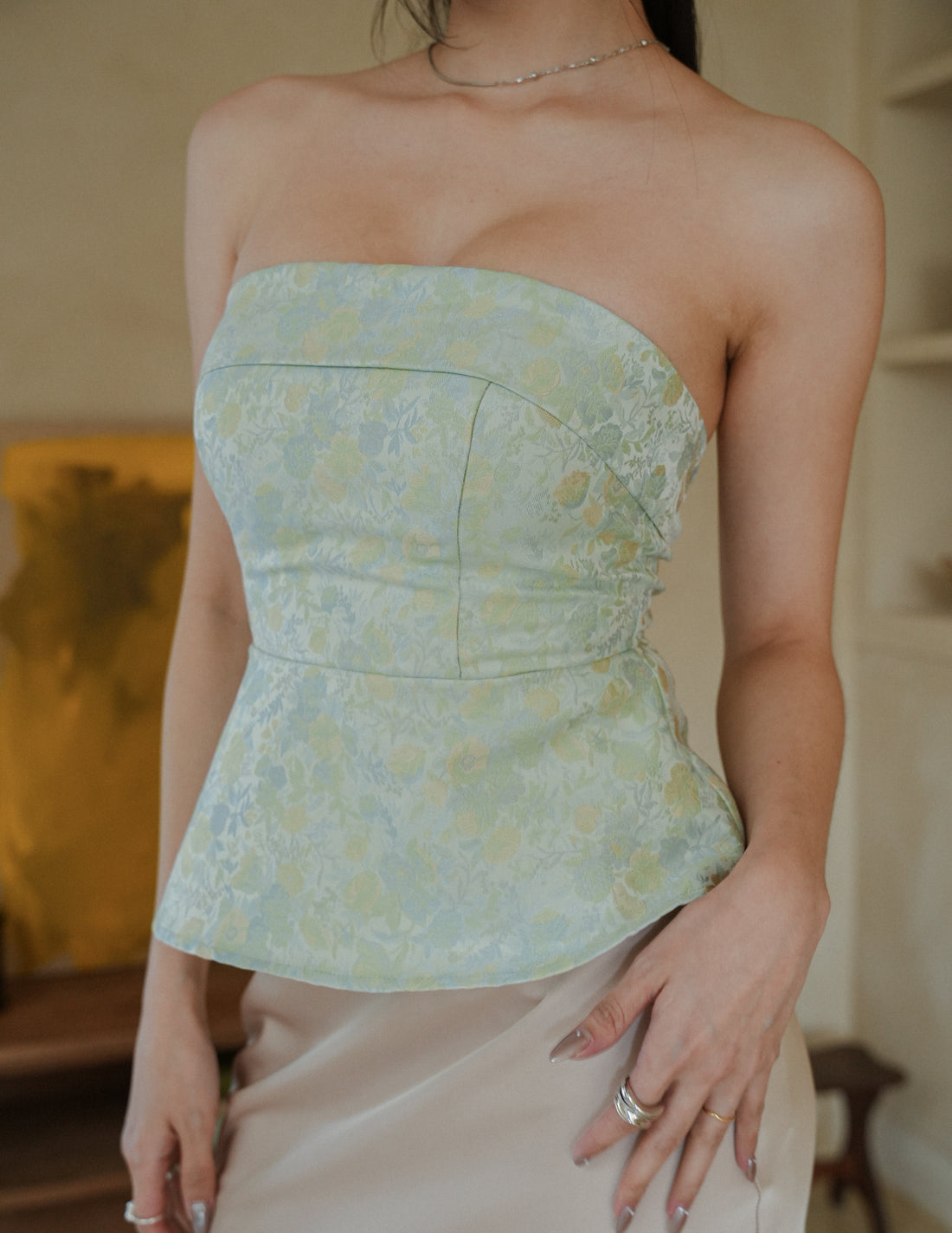 Hana Jacquard Peplum Top in Mint