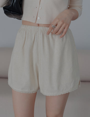 Ellis Lace Trim Linen Shorts in Sand