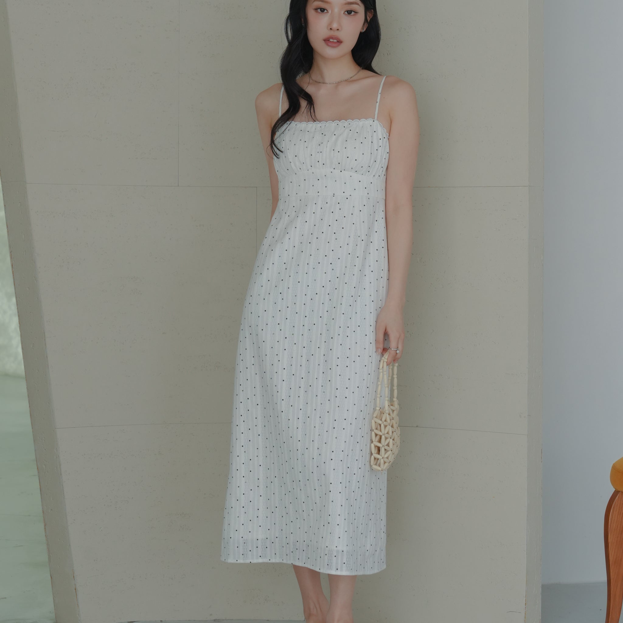 Sophia Lace Trim Midi Dress in Polka Dot