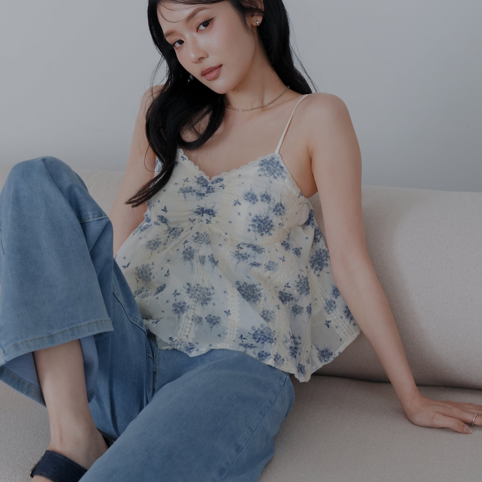 Rita Padded Babydoll Top in Blue Floral