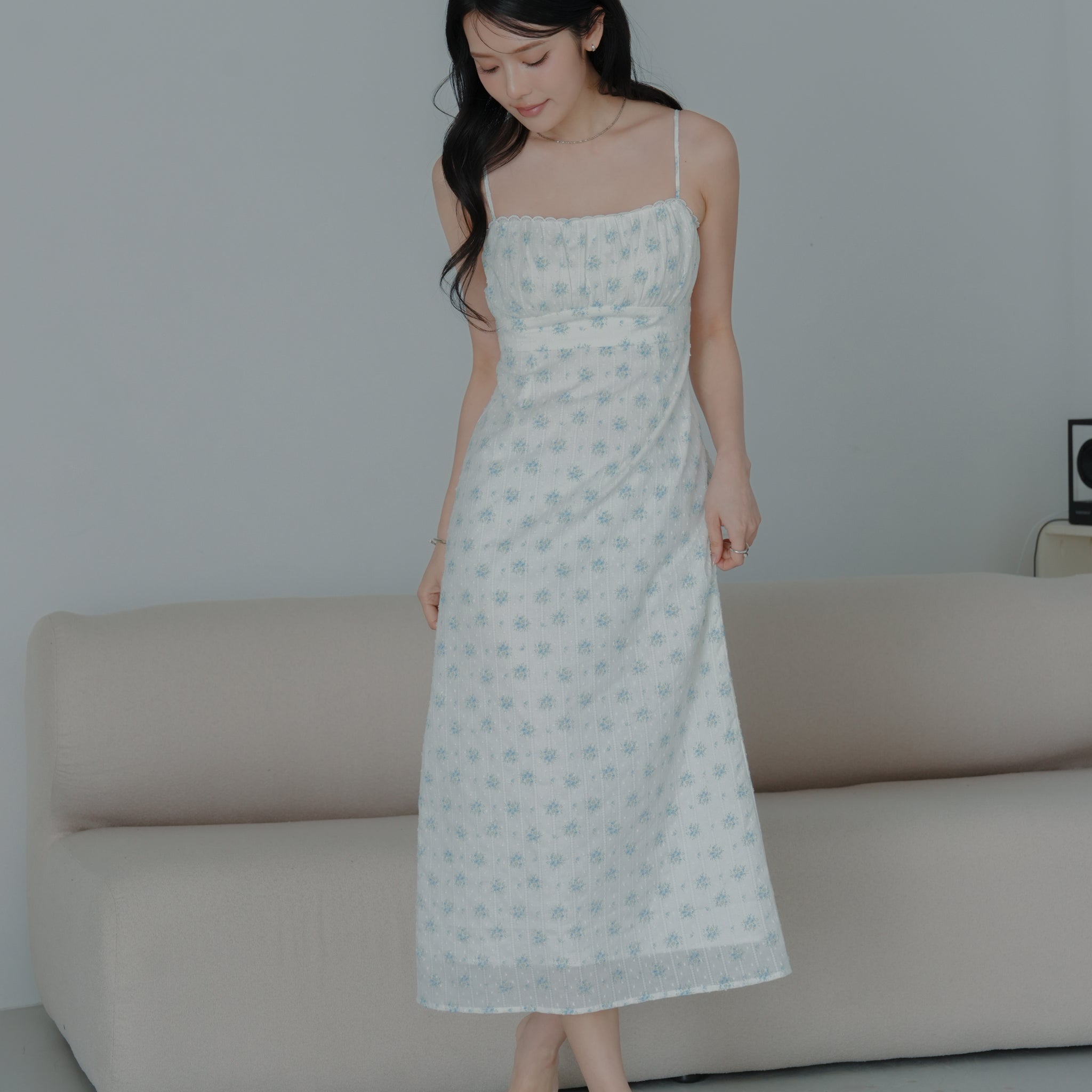 Sophia Lace Trim Midi Dress in Blue Floral