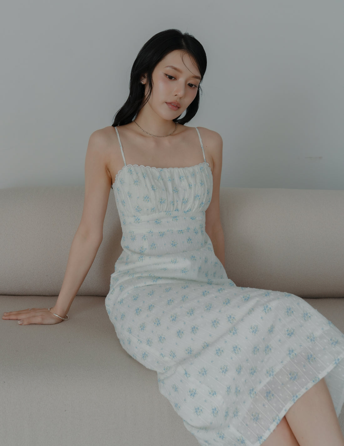 Sophia Lace Trim Midi Dress in Blue Floral