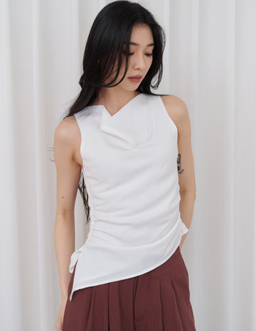 Noelle Ruched Asymmetrical Cowl Top in White