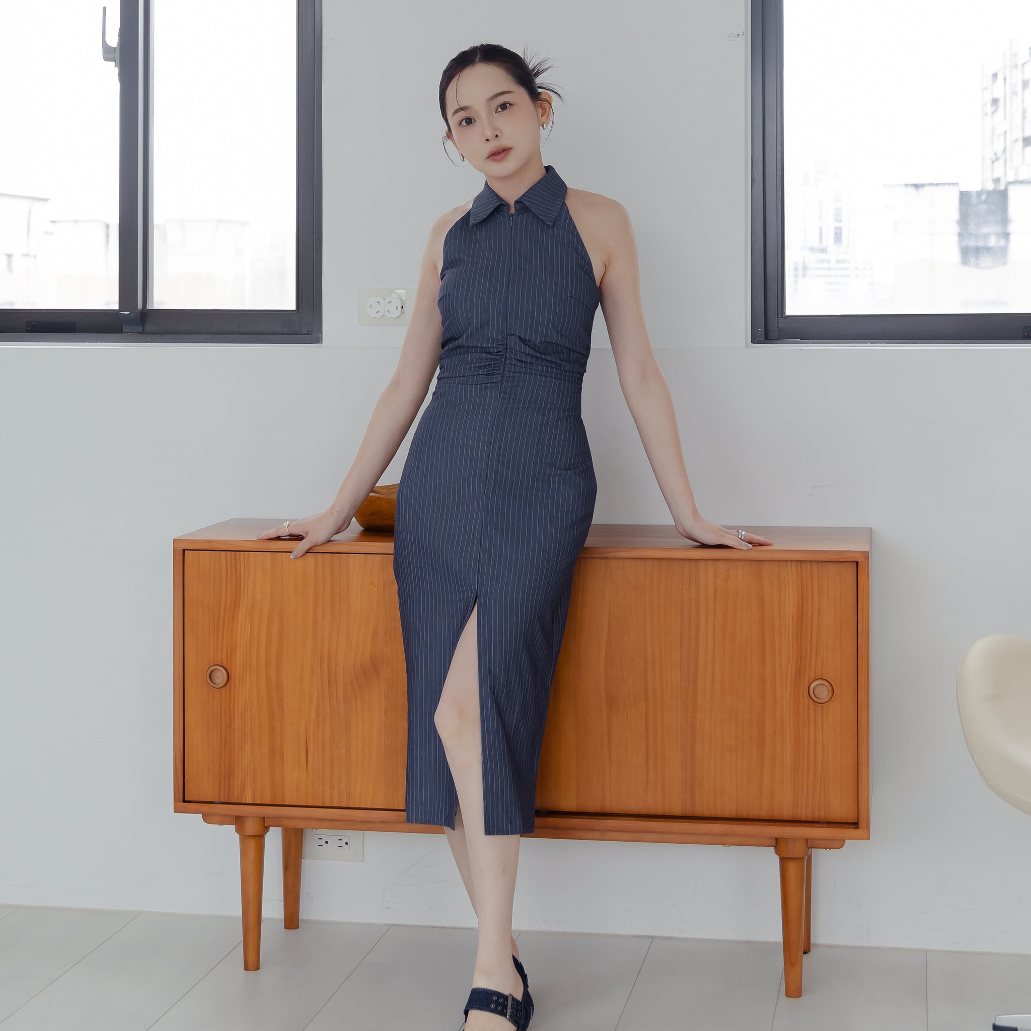 Annie Pinstripe Midi Dress in Slate Navy