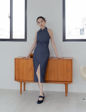 Annie Pinstripe Midi Dress in Slate Navy