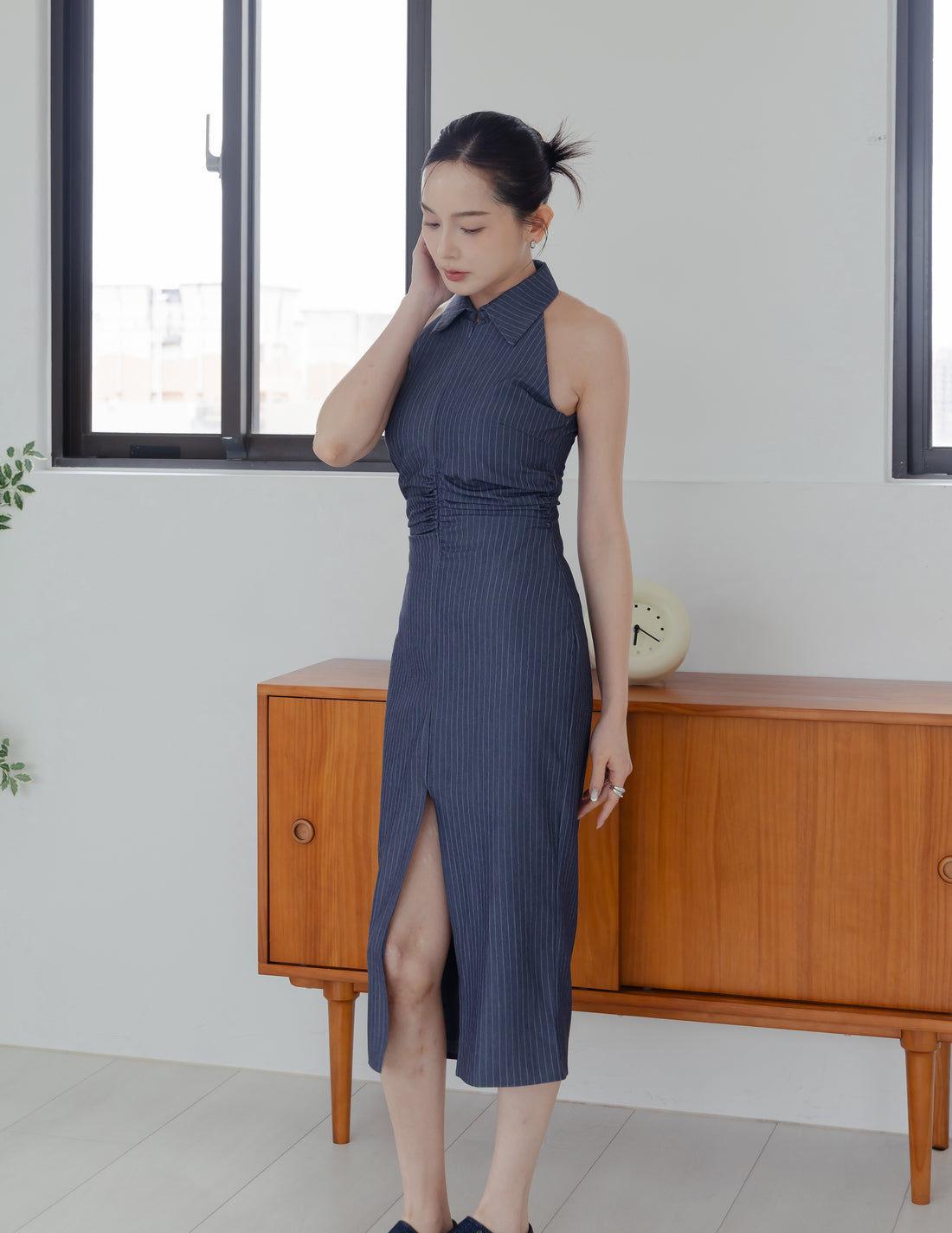 Annie Pinstripe Midi Dress in Slate Navy