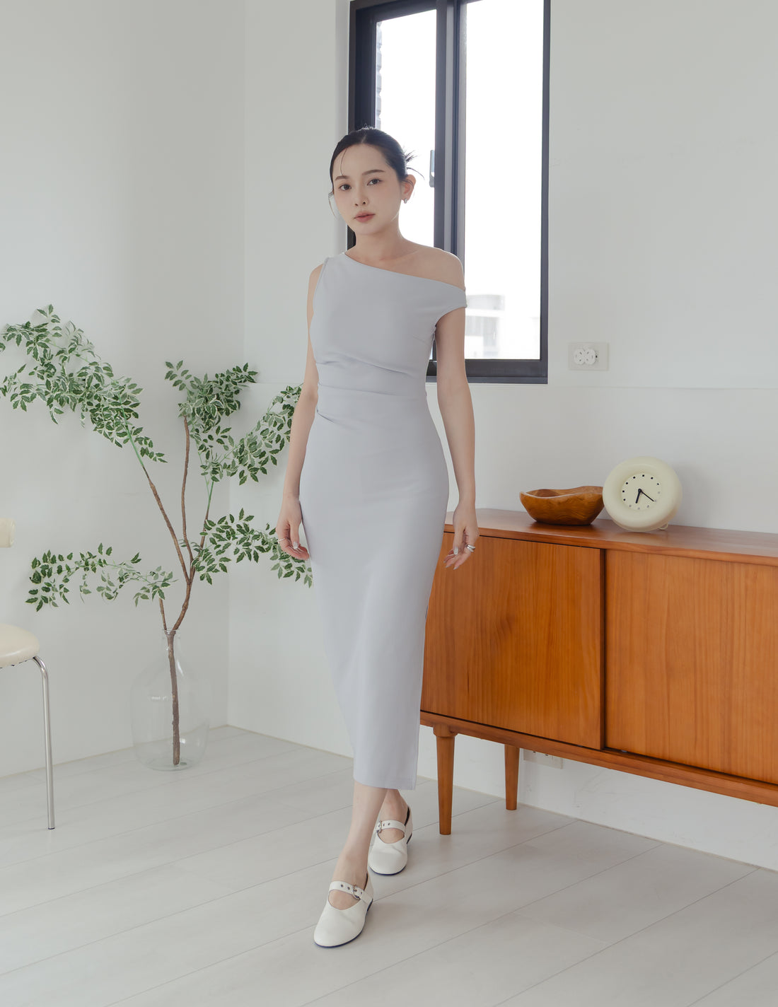 Carys Off Shoulder Midi Dress in Grey Blue