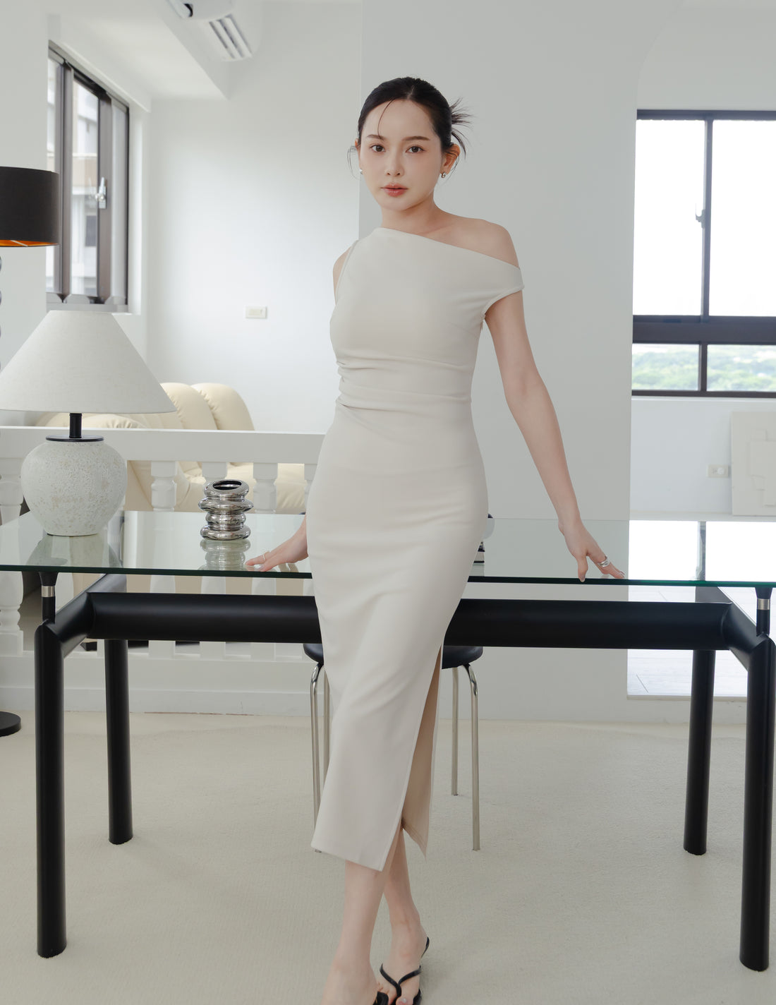 Carys Off Shoulder Midi Dress in Beige