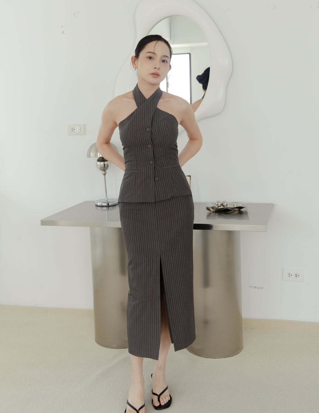 Ada Pinstripe Halter Top in Dark Grey