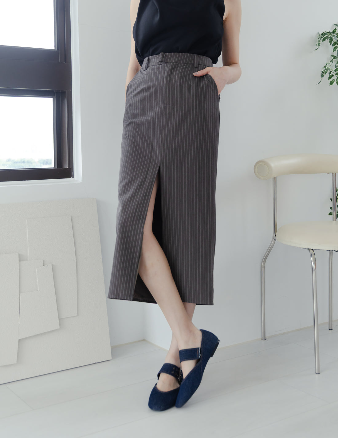 Yara Pinstripe Midi Skirt in Dark Grey