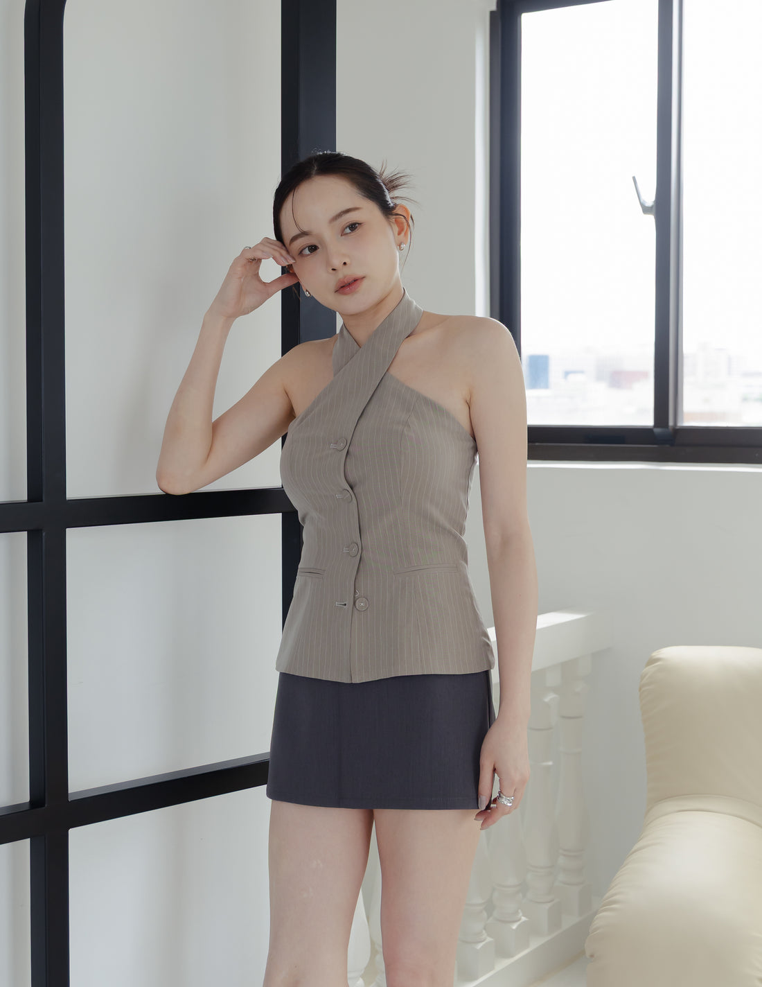 Ada Pinstripe Halter Top in Taupe